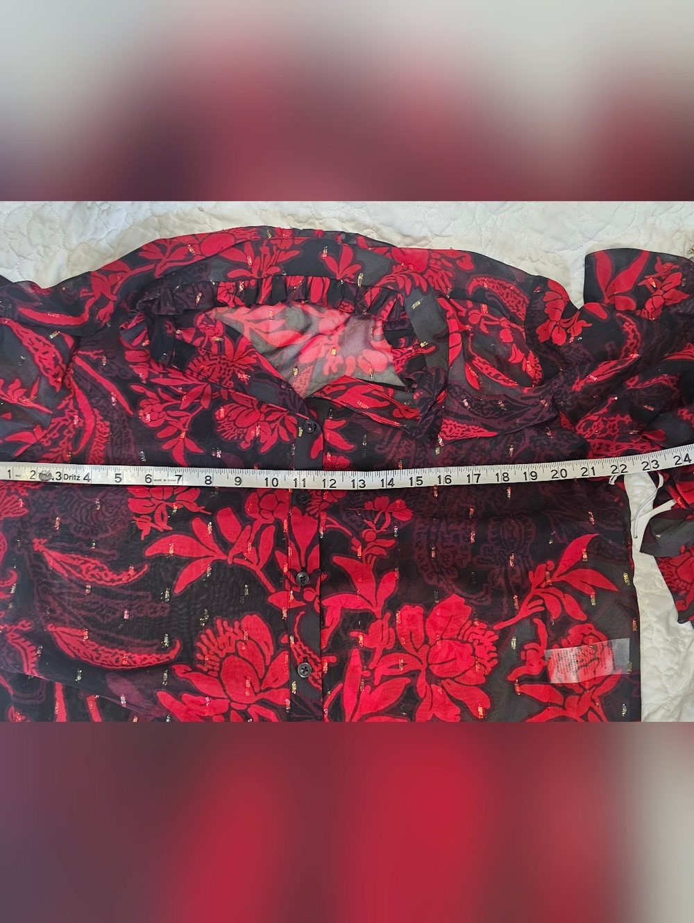 Chicos Sheer Red Black Floral Ruffled Blouse NWT 2 - Picture 9 of 16